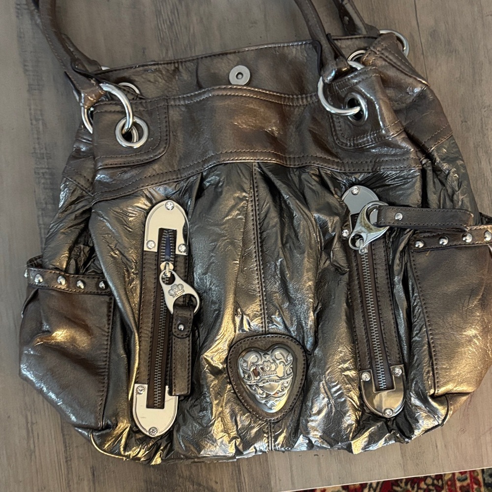 Kathy Van Zeeland Metallic Silver and Brown Satchel